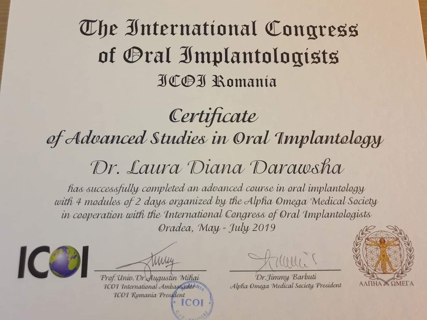 Certificat de studii avansate în implantologie orală, ICOI România, 2019